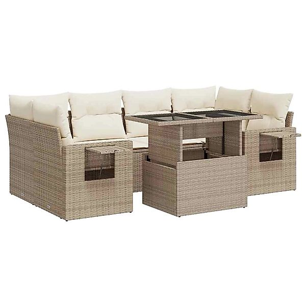 vidaXL 7-Tlg Garten-Sofagarnitur mit Kissen Beige Poly Rattan 3326429 günstig online kaufen