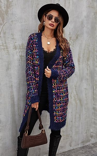 FS Collection Longstrickjacke Bouclé Strickjacke Cardigan mit Karomuster – günstig online kaufen