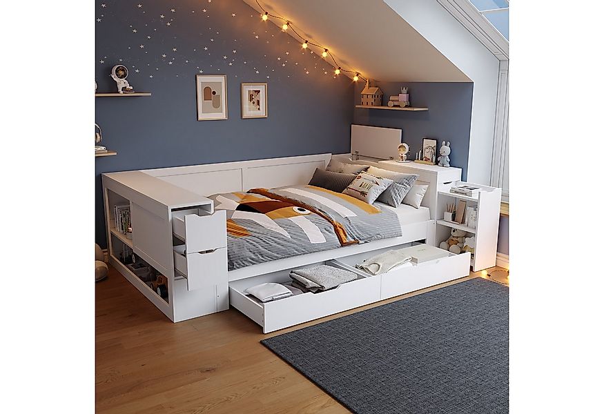 Flieks Kinderbett, Stauraumbett Daybett 140x200cm mit Schubladen, Regalen u günstig online kaufen