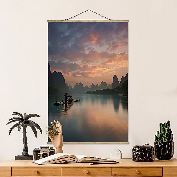 Stoffbild Strand mit Posterleisten - Hochformat Sonnenaufgang über chinesis günstig online kaufen