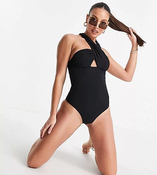 Figleaves Tall – Schulterfreier Badeanzug mit Carmenausschnitt in Schwarz günstig online kaufen