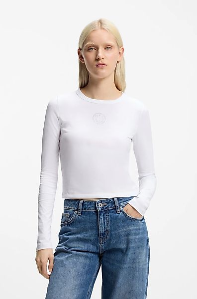 HUGO Blue Langarmshirt "Daliriee" cropped, Rundhals, mit Strassbesatz günstig online kaufen