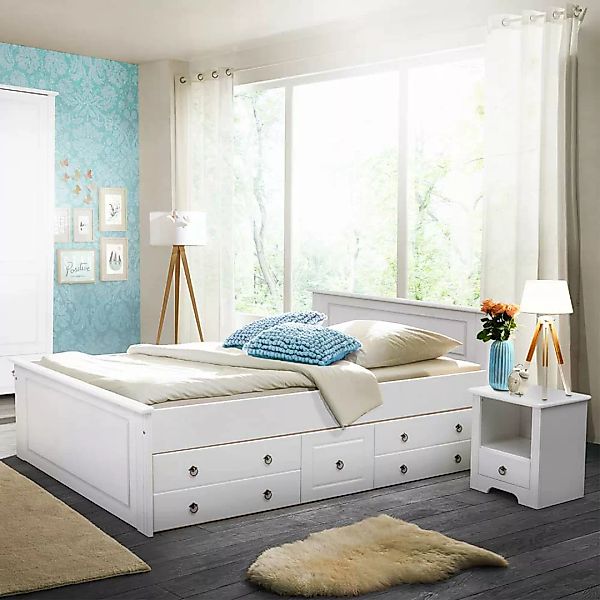 Komfortbett in Weiß Kiefer massiv wahlweise mit Schubkästen (dreiteilig) günstig online kaufen