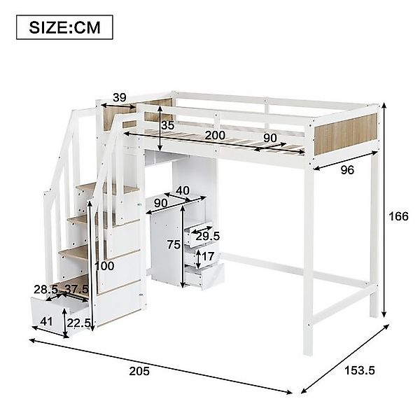 Flieks Hochbett Kinderbett 90x200cm mit Stauraumtreppe und Schreibtisch mit günstig online kaufen