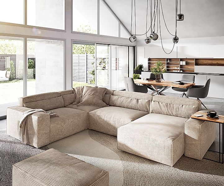 Wohnlandschaft Sirpio 300x200 cm Cord Beige Recamiere variabel mit Hocker günstig online kaufen