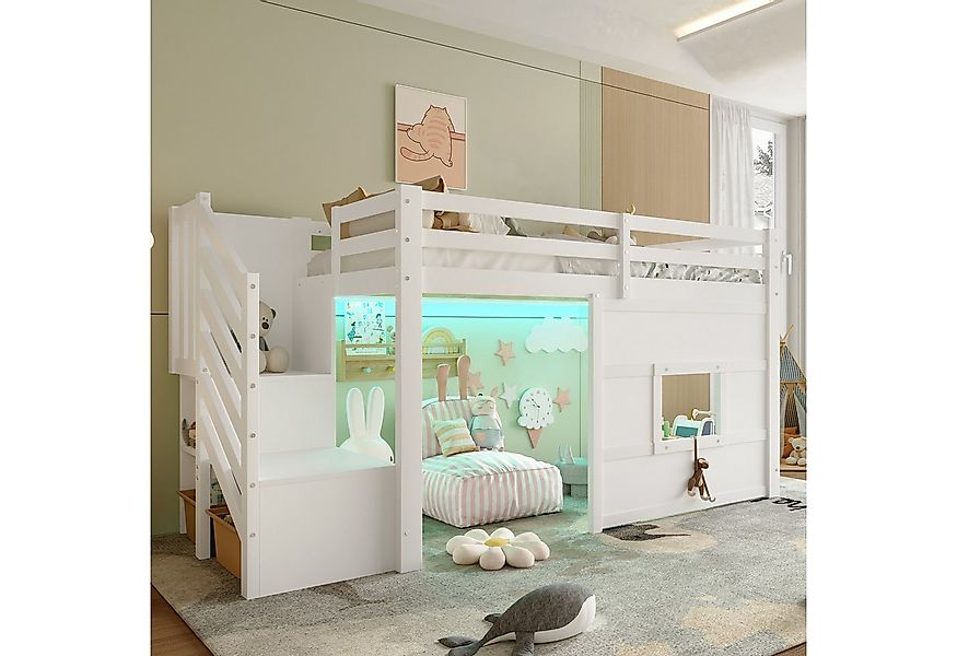 Merax Hochbett mit LED-Beleuchtung (Kieferholz Hausbett Spielbett, 1-St) Ki günstig online kaufen