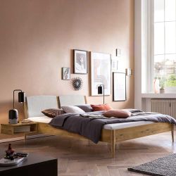 Massivholz Bett 140x200 Wildeiche Polsterkopfteil Grau 38 cm Einstiegshöhe günstig online kaufen