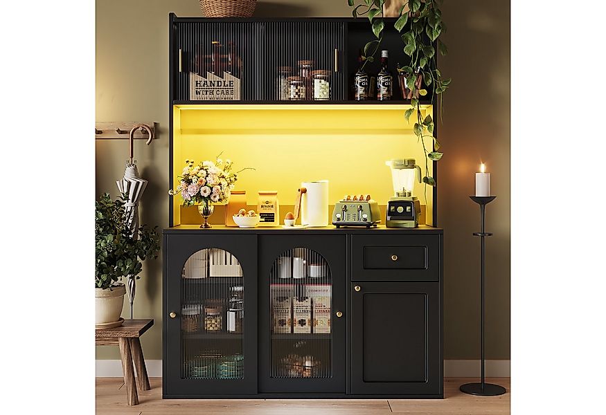 Flieks Küchenbuffet mit LED-Beleuchtung, Glas-Schiebetüren und Schubladen ( günstig online kaufen