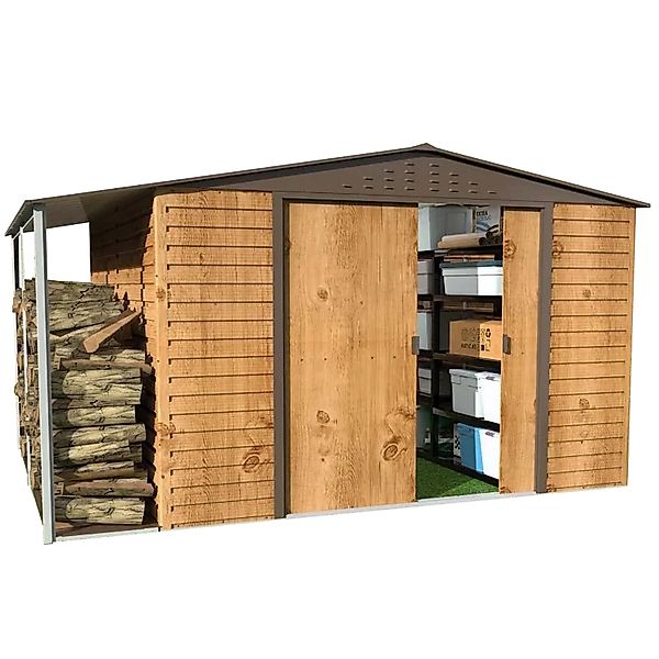 DURAMAX Metall-Gerätehaus Alpine 3x3m mit Anbau in Braun Holzoptik günstig online kaufen