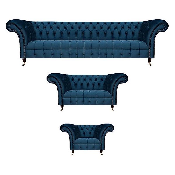 JVmoebel Chesterfield-Sofa Sofagarnitur Blau Luxus Komplett 3tlg Sitzmöbel günstig online kaufen