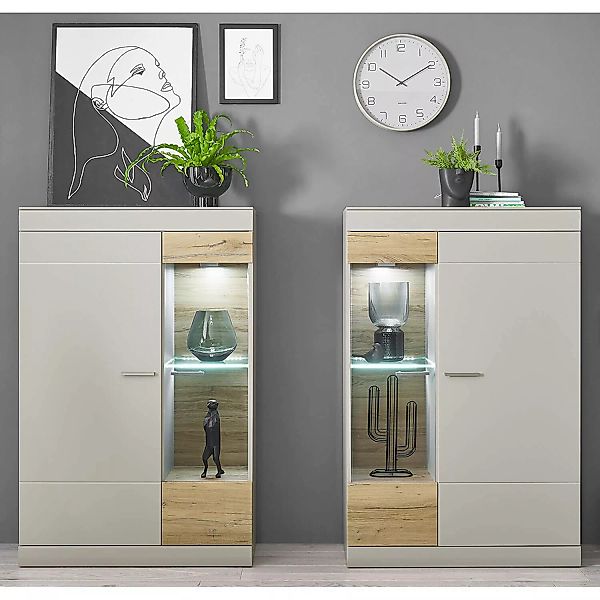 Wohnzimmervitrinen Set inkl. Beleuchtung in grau matt mit Zinn Eiche Nb. SI günstig online kaufen