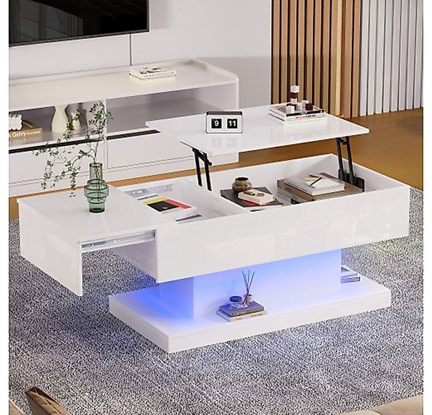 XDeer Couchtisch Hochglanz-Lift-Teetisch LED Couchtische Kaffeetisch Halbhe günstig online kaufen