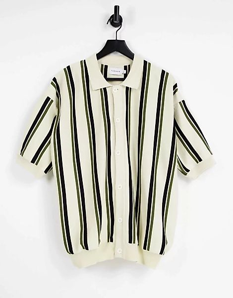 Topman – Kastige Hemdjacke aus Strick in Ecru mit Streifen-Weiß günstig online kaufen