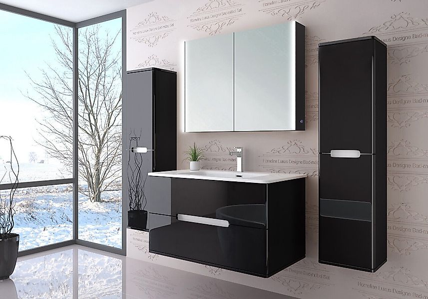 Homeline Badmöbel-Set Bad Möbelset Badezimmer Möbel Hochglanz 90 Eiche Weiß günstig online kaufen