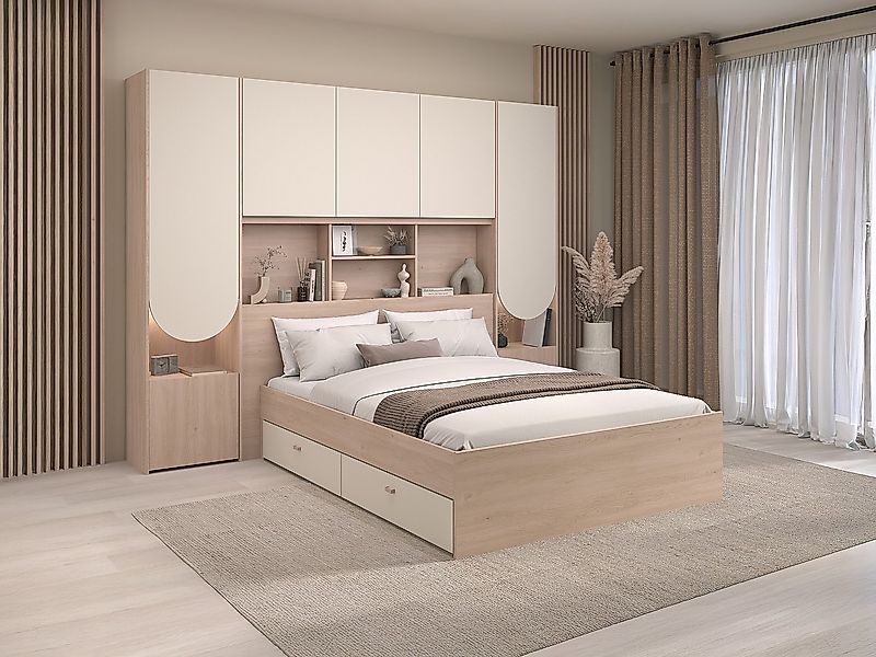 Hochbett 160 x 200 cm mit Stauraum + LEDs + Lattenrost + Matratze - Beige & günstig online kaufen