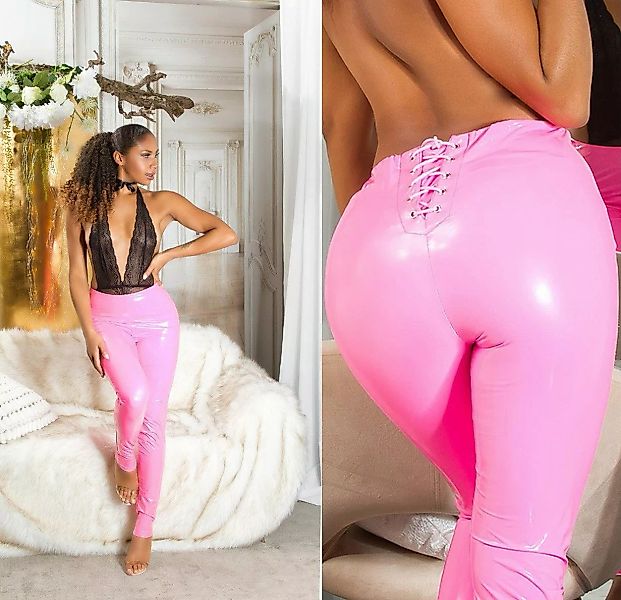 Koucla Leggings Hose in Latex-Optik, Wetlook einfarbig Clubwear Schnürung günstig online kaufen