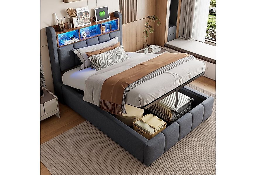 Flieks Polsterbett, LED hydraulisches Einzelbett 90x200cm mit USB-Aufladen günstig online kaufen