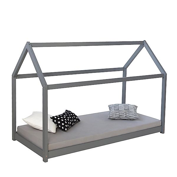 Homestyle4u Kinderbett 80x160 cm mit Matratze Hausbett Grau Bodenbett günstig online kaufen