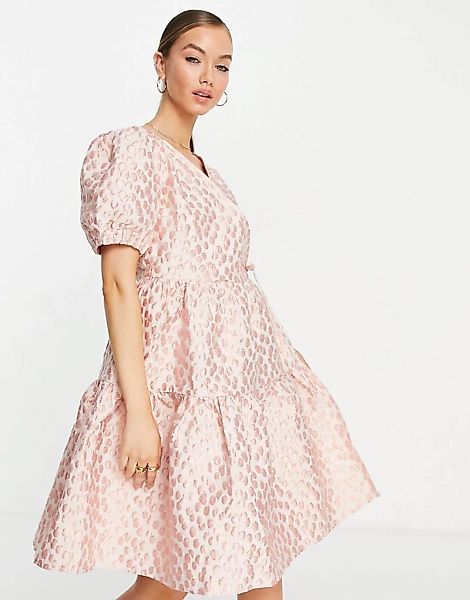 Y.A.S – Gesmoktes Jacquard-Minikleid mit rosa Blumenmuster günstig online kaufen