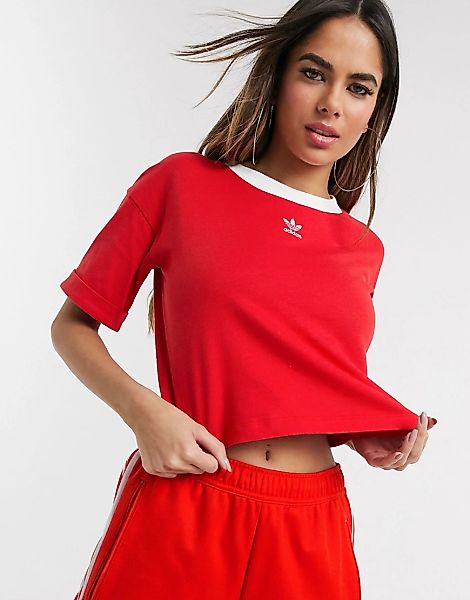 adidas Originals – Rotes T-Shirt mit Dreiblatt-Logo im kurzen Schnitt günstig online kaufen