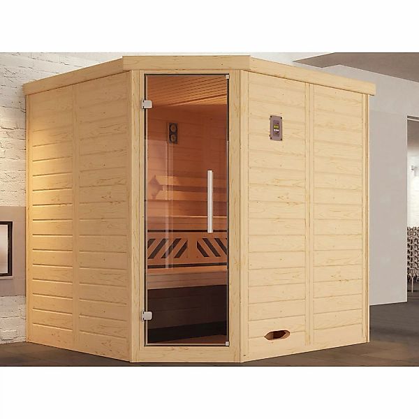 Weka Massivholzelementsauna Kemi Eck 1 Sparset 7,5 kW OS Glastür günstig online kaufen