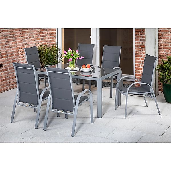 Merxx Amalfi Set 7 -tlg. 6 Stapelsessel Gartentisch 150 x 90 cm Silber-Grau günstig online kaufen