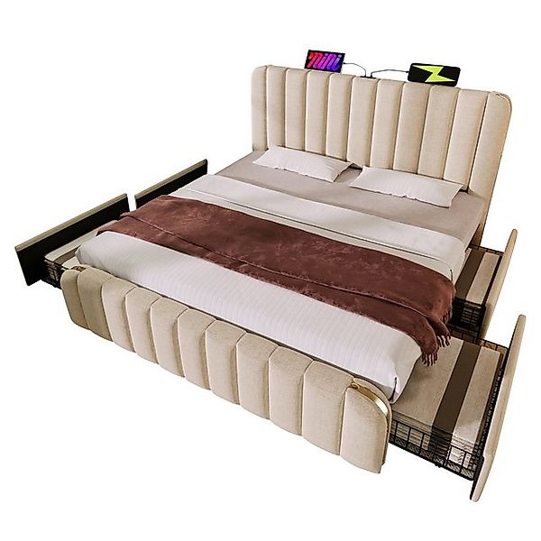 Gotagee Polsterbett Jugendbett USB Typ-C Beige Leinen Mit Matratze Doppelte günstig online kaufen