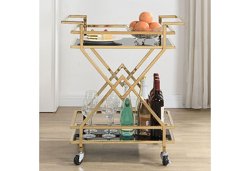 FINEBUY Servierwagen Moderner Barwagen mit Rollen Gold Glas Metall 65x80x40 günstig online kaufen