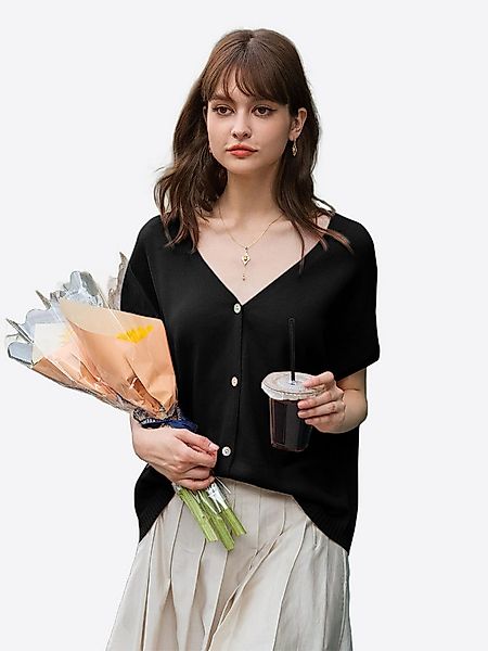 Imily Bela Cardigan Damen Kurzarm mit V-Ausschnitt Knopfleiste Loose Strick günstig online kaufen