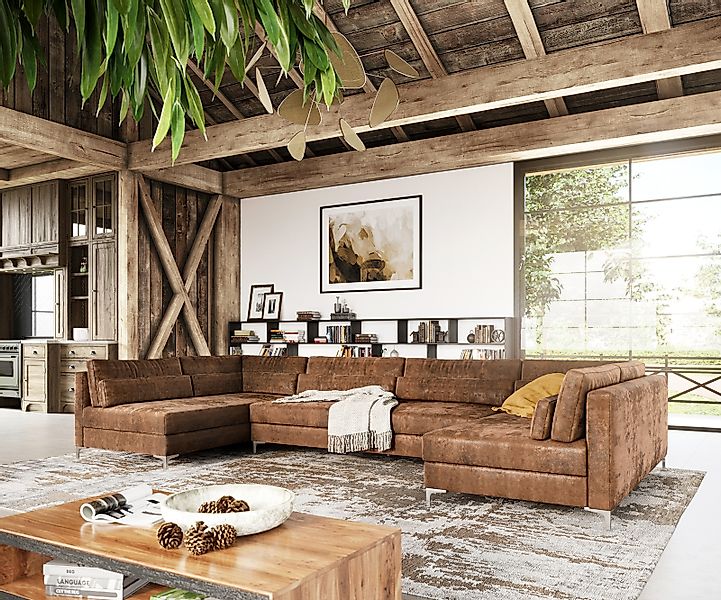 DELIFE Wohnlandschaft Elio, Lederimitat Vintage Braun Antik 400x185 cm XL W günstig online kaufen