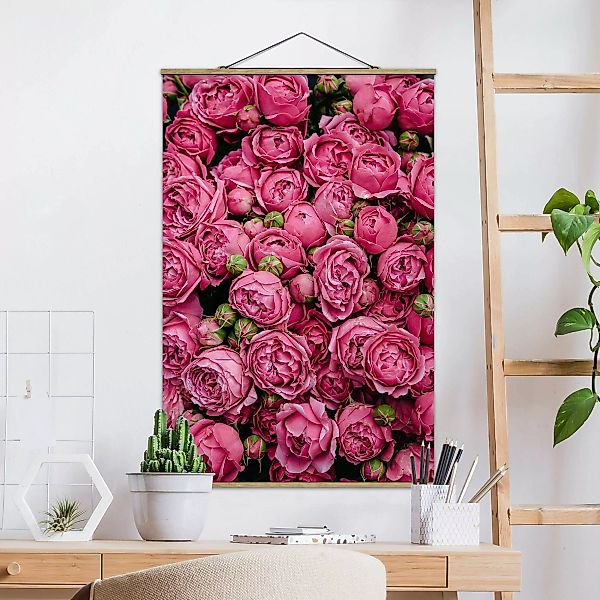 Stoffbild Blumen mit Posterleisten - Hochformat Pinke Pfingstrosen günstig online kaufen