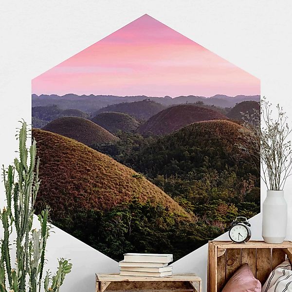 Hexagon Fototapete selbstklebend Schokoladenhügel bei Sonnenuntergang günstig online kaufen