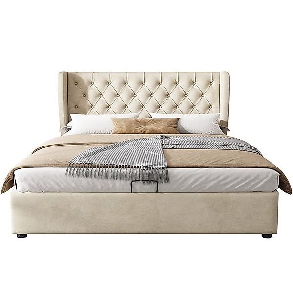 OKWISH Polsterbett Doppelbett Stauraumbett, Kiefernholz Flanell 180*200cm O günstig online kaufen