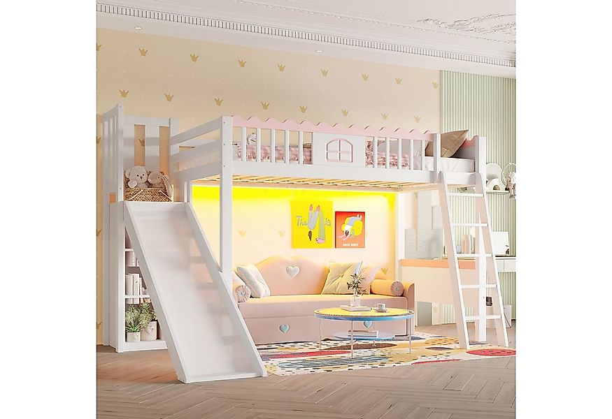 Flieks Hochbett Kinderbett Einzelbett 90x200cm mit LED-Leiste, Rutsche mit günstig online kaufen