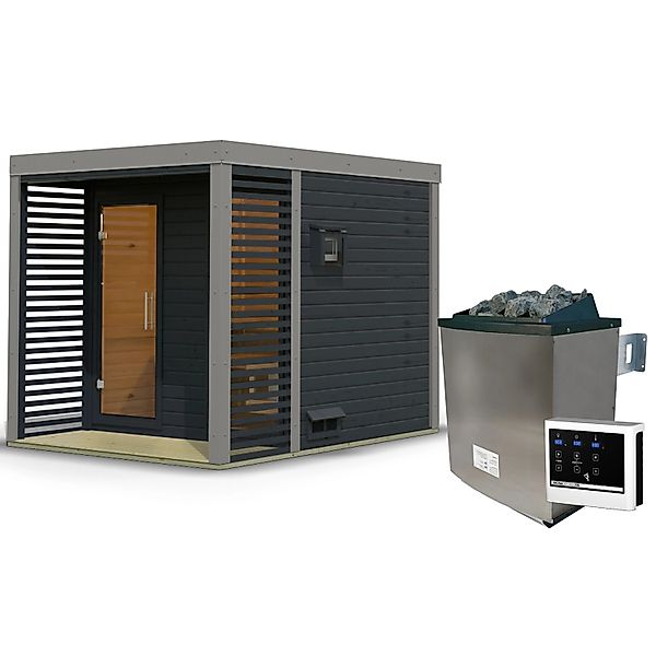 Karibu Saunahaus Seros 2 Zoll mit Ofen 9 kW Extern Anthrazit/Graualuminium günstig online kaufen