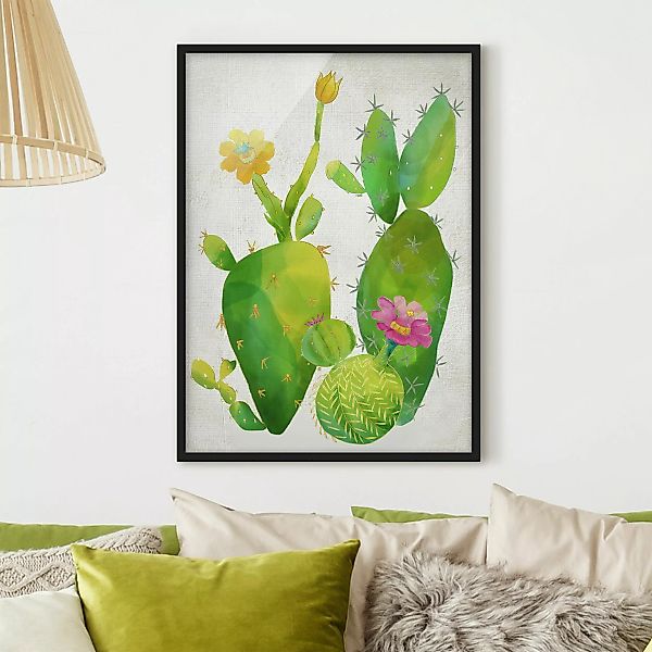 Bild mit Rahmen Blumen - Hochformat Kaktusfamilie rosa gelb günstig online kaufen