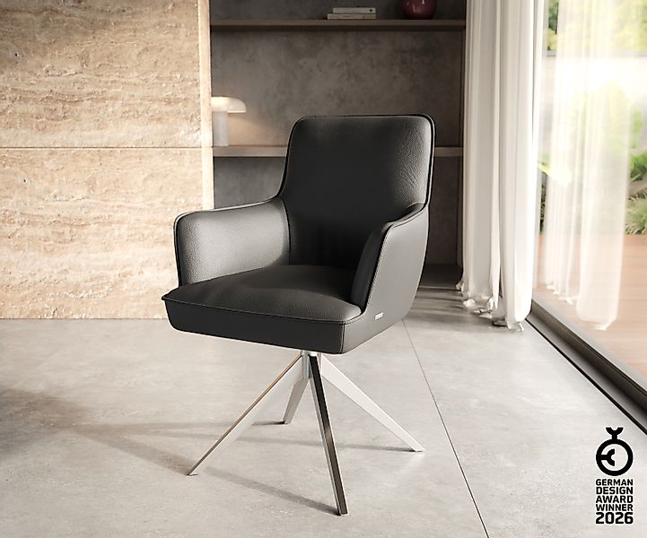 Drehstuhl Heira-Flex mit Armlehnen Echt-Leder Schwarz Kreuzgestell breit Ed günstig online kaufen