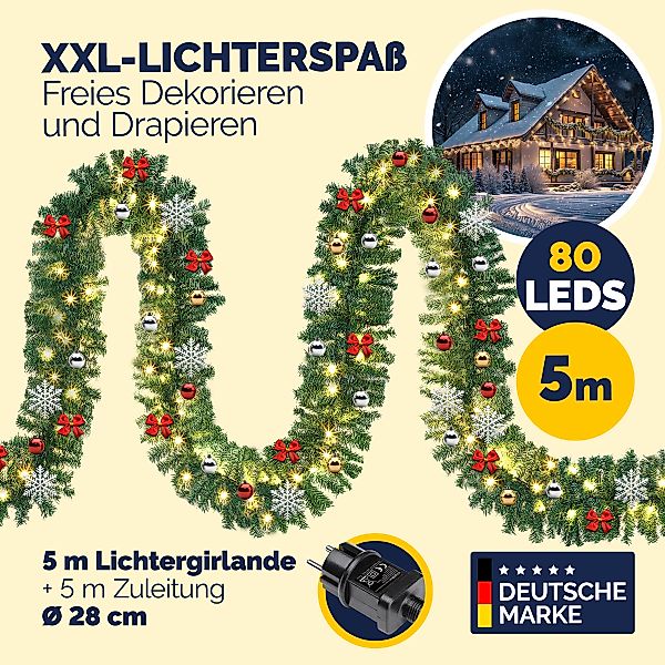 Kunstgirlande, Casaria, Höhe 28 cm, Weihnachtsgirlande Geschmückt 5m 80 LED günstig online kaufen