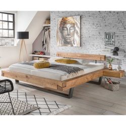 Wildeiche Balkenbett mit Nachtkonsolen Schwebeoptik (dreiteilig) günstig online kaufen