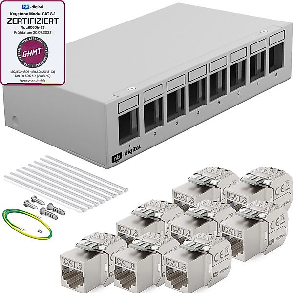 hb-digital Patchfeld 8 Port mit 8x Keystone Module Cat 8 Hellgrau günstig online kaufen