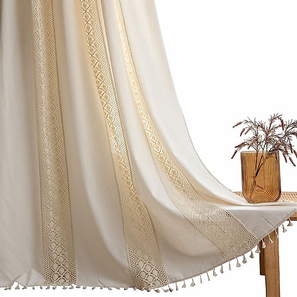 Kaket Gardine Boho-Vorhänge, beige Lochmuster-Gardine, Vintage-Landhausstil günstig online kaufen