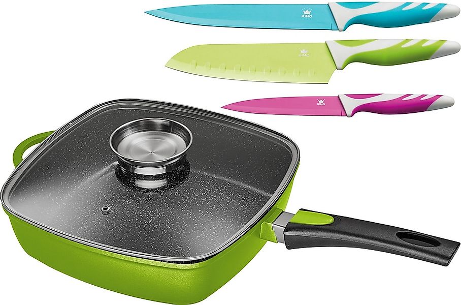 KING Bratpfanne Aluminiumguss Set, 1 Eckpfanne, 1 Glasdeckel, 3 Messer, 5 S günstig online kaufen