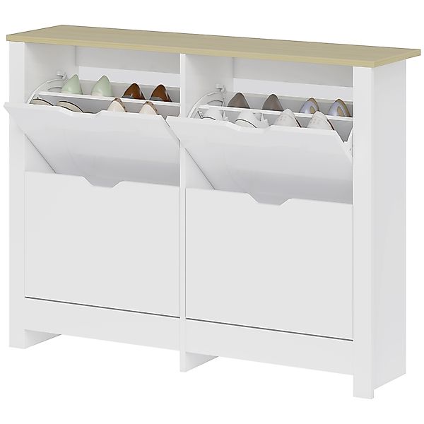HOMCOM Schuhschrank 4 klapptürige Türen 2 Fächer aus Holz Weiß Eiche   Aoso günstig online kaufen