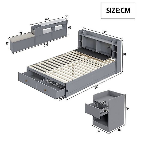 Flieks Massivholzbett, Kombi-Bett Doppelbett 140x200cm Nachttisch+ Stauraum günstig online kaufen