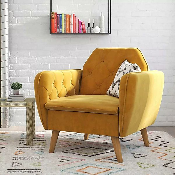 Lounge Einzelsessel gelb aus Samt Vierfußgestell aus Holz günstig online kaufen