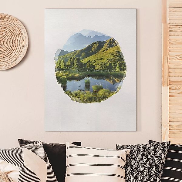 Leinwandbild Berge - Hochformat Wasserfarben - Blick vom Hirschbichl ins De günstig online kaufen