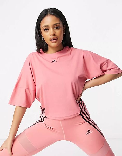 adidas Training – Kurz geschnittenes T-Shirt mit 3 Streifen in Rosa günstig online kaufen