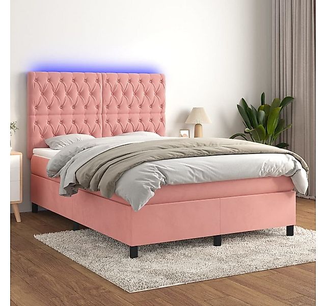 vidaXL Boxspringbett Boxspringbett mit Matratze LED Rosa 140x200 cm Samt Be günstig online kaufen