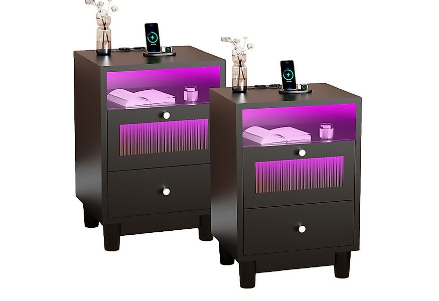 oyajia Nachttisch mit LED-Beleuchtung und Ladefunktion, Beistelltisch (Nach günstig online kaufen
