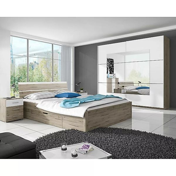 Schlafzimmer Möbel-Set mit Schwebetürenschrank in Sanremo Eiche Nb. mit wei günstig online kaufen